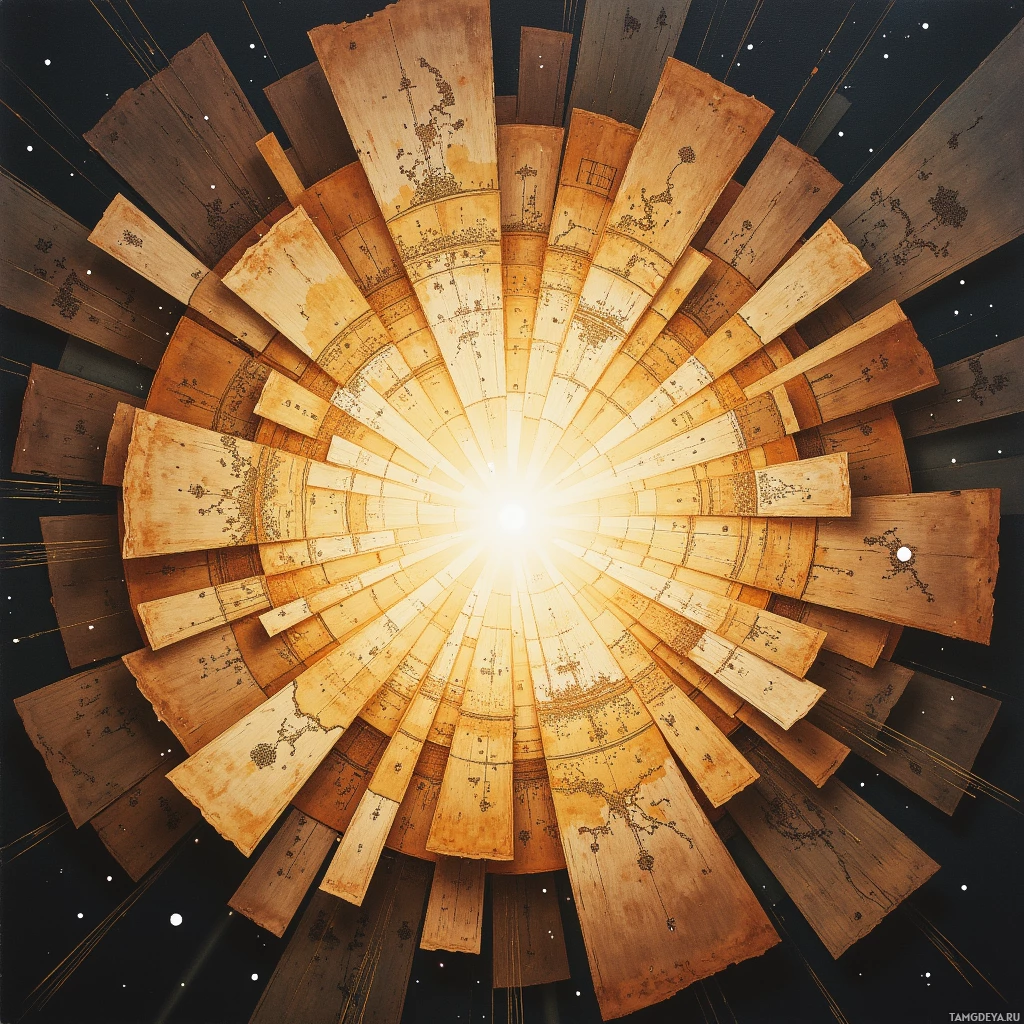 A circular arrangement of wooden planks with intricate markings and a glowing center against a starry background.
