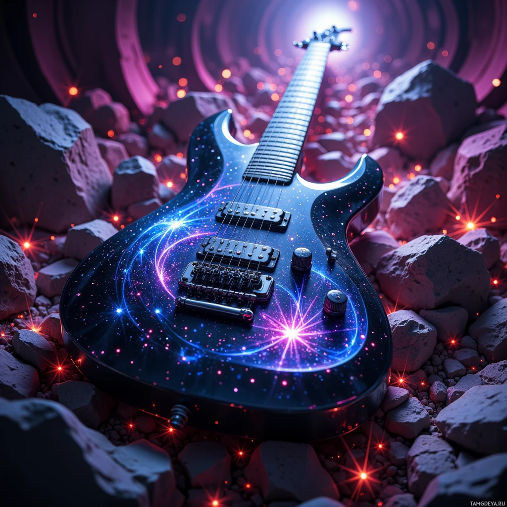 A futuristic electric guitar with glowing purple and blue lights rests on a rocky surface.