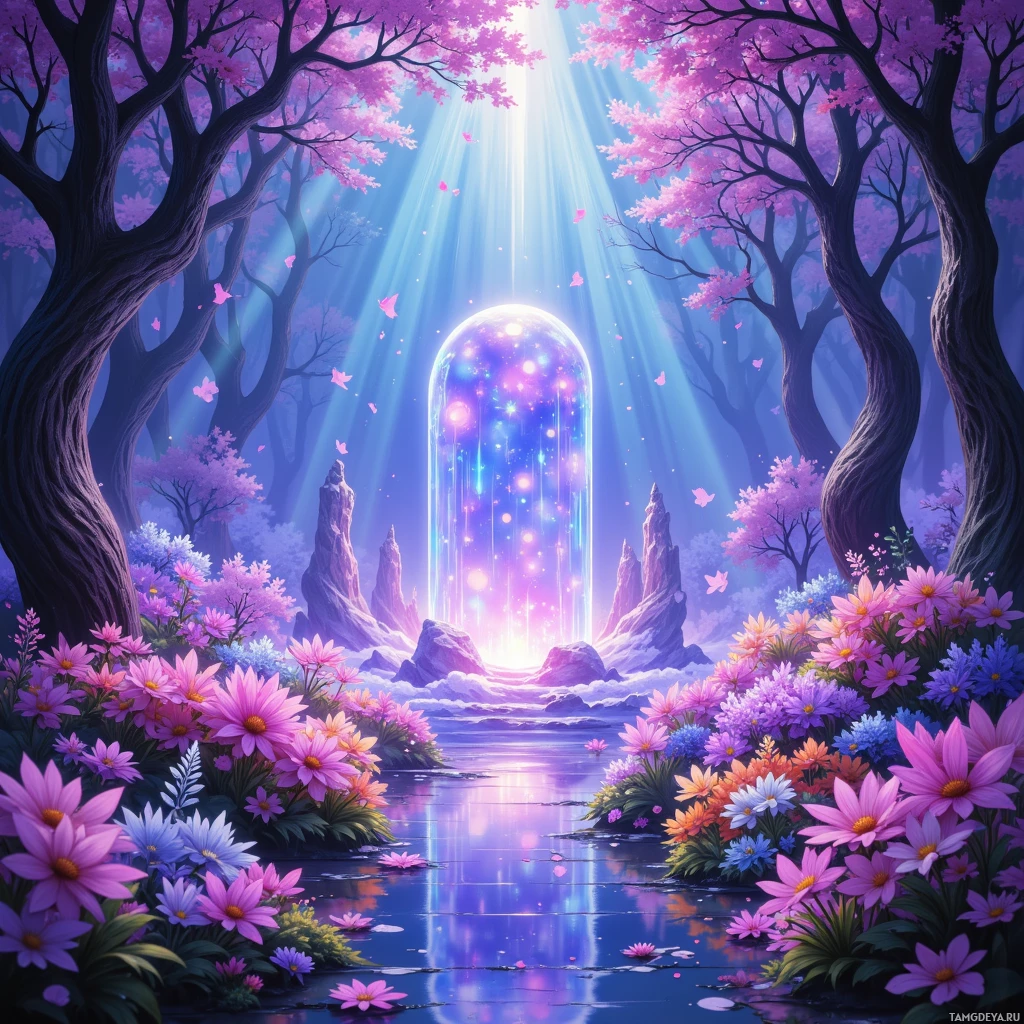 A serene forest scene with vibrant pink flowers, a glowing crystal ball, and beams of light filtering through the trees.