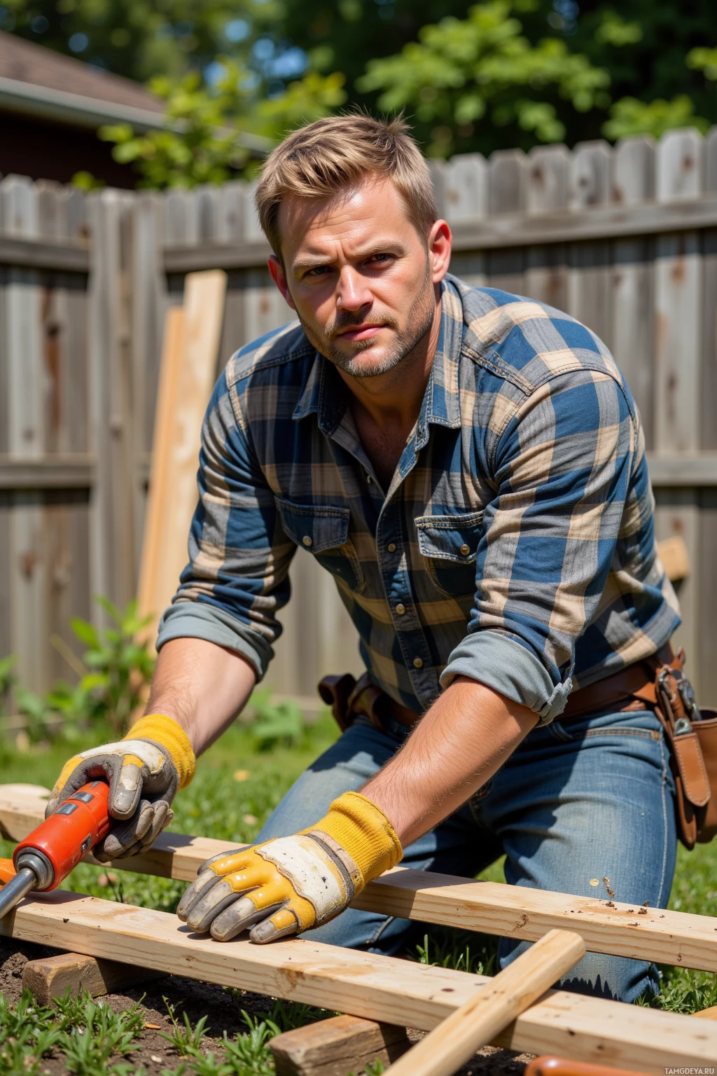 A man in a plaid shirt and jeans uses a power drill while working on a wooden project outdoors.