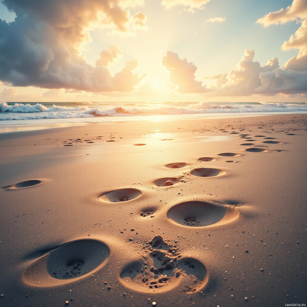A serene beach scene with footprints in the sand leading towards the ocean under a partly cloudy sky.
