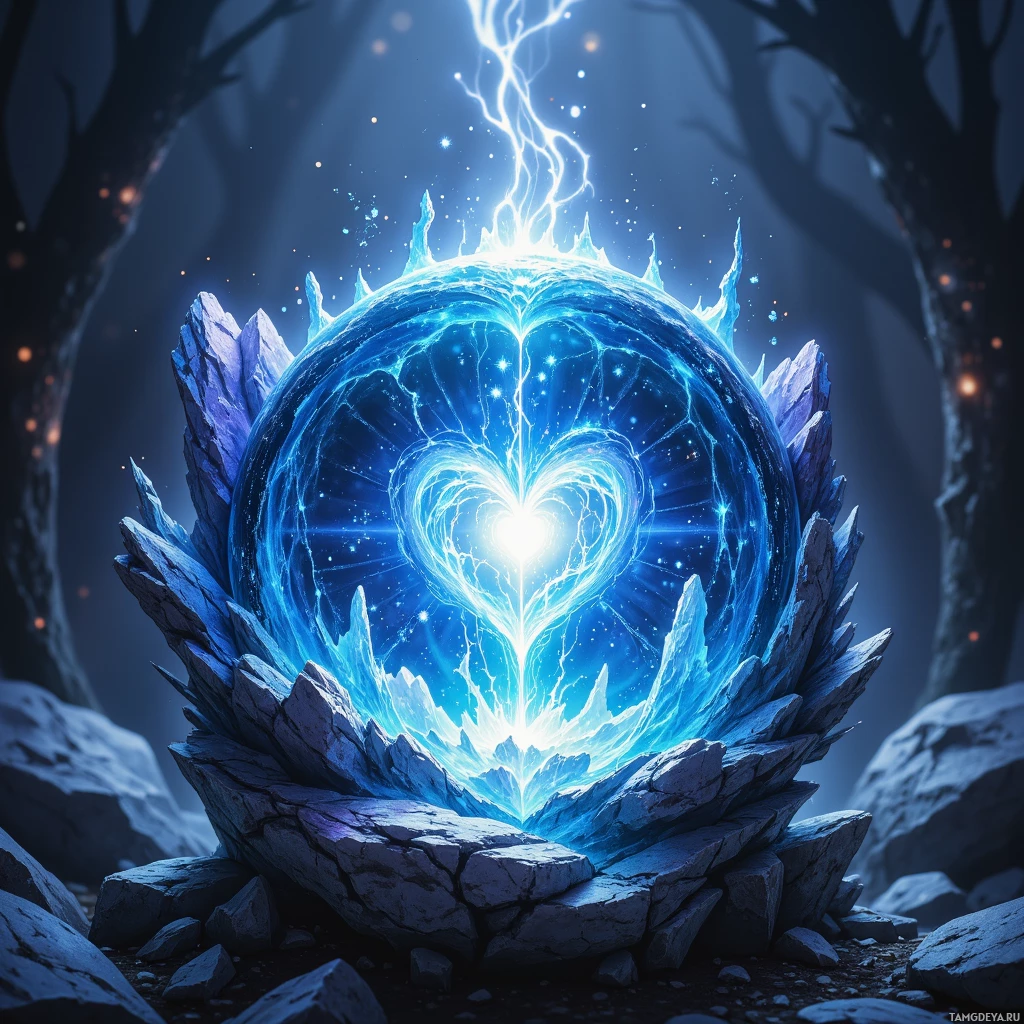 A glowing blue heart-shaped portal surrounded by jagged rocks in a dark, forested environment.