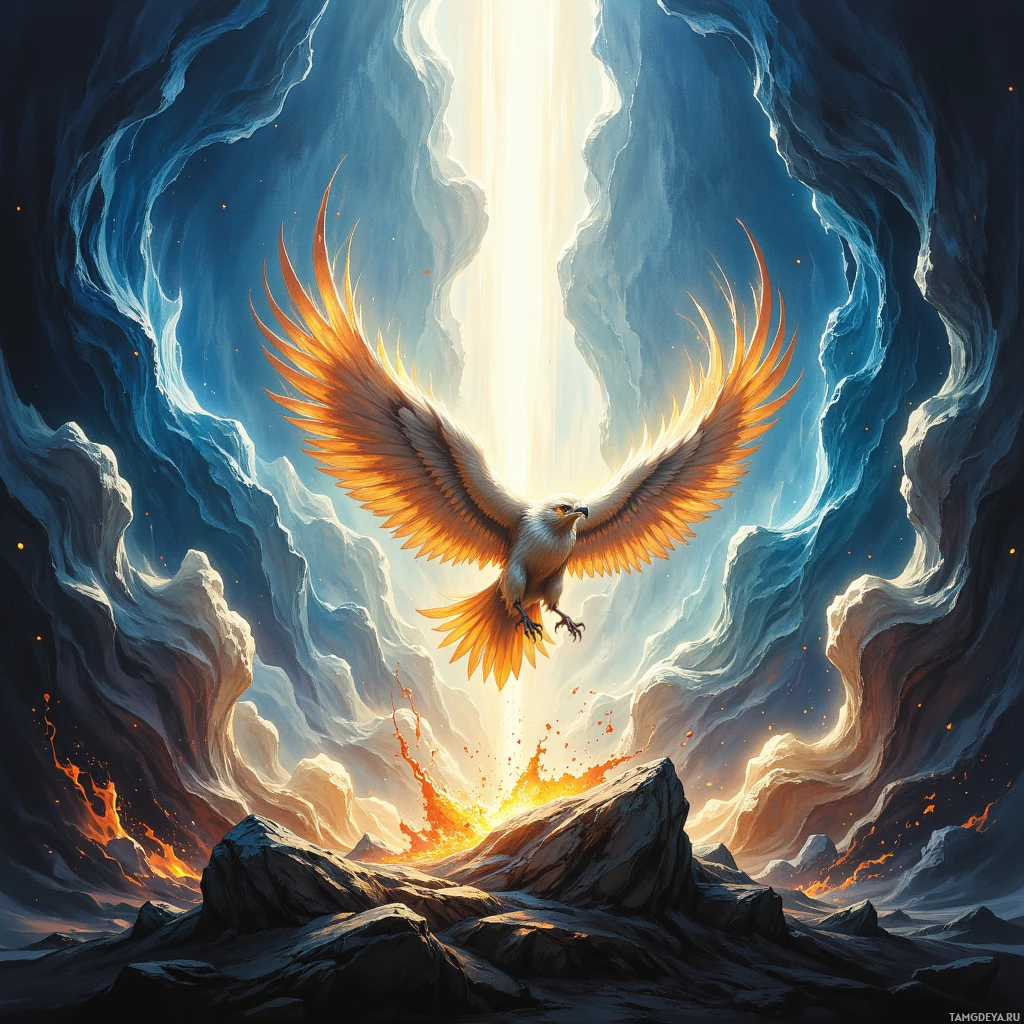 A majestic bird soars through a dramatic sky with glowing clouds and fiery lava below.