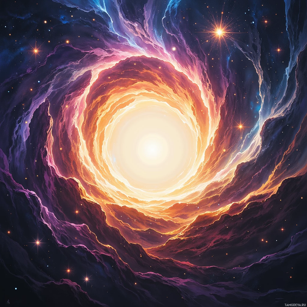 A vibrant cosmic scene featuring a swirling galaxy with a bright, glowing center and scattered stars.