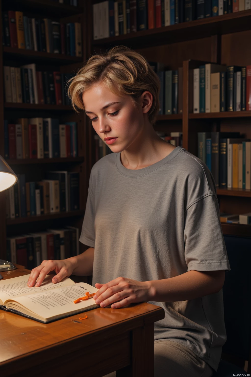 A person is reading a book in a library setting.
