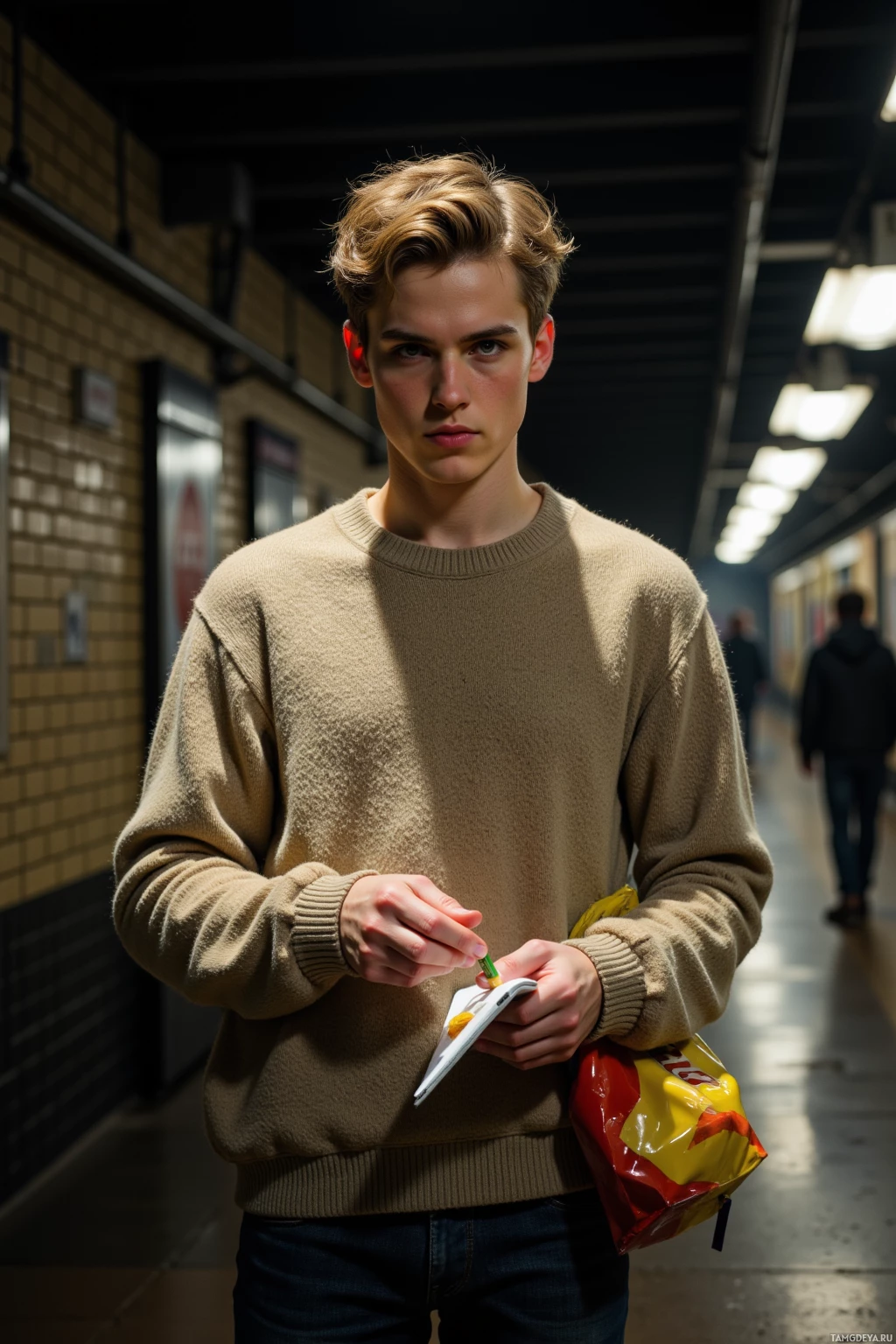 A young man in a beige sweater stands in a dimly lit corridor, holding a snack packet.