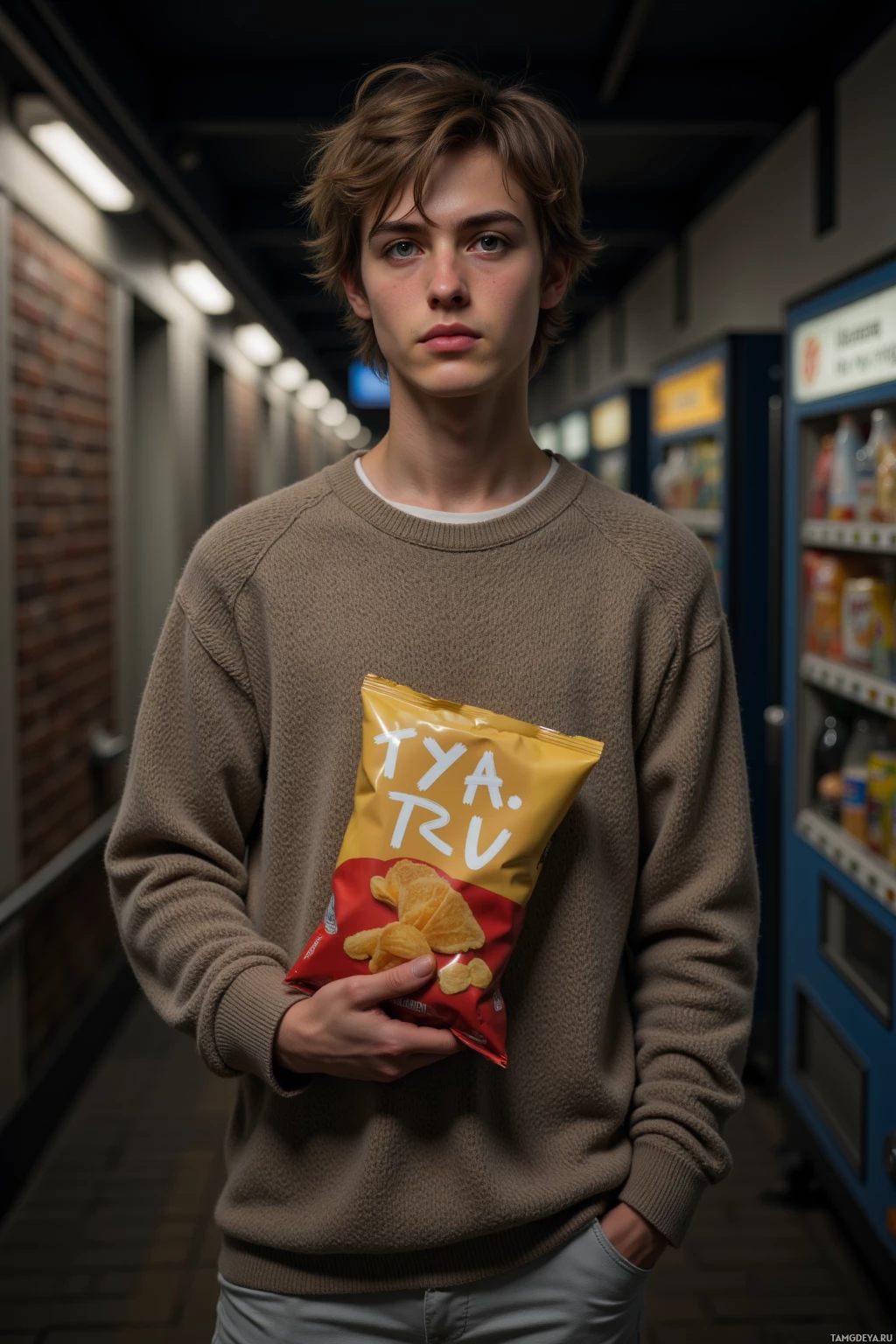 A person stands in a hallway holding a bag of chips.