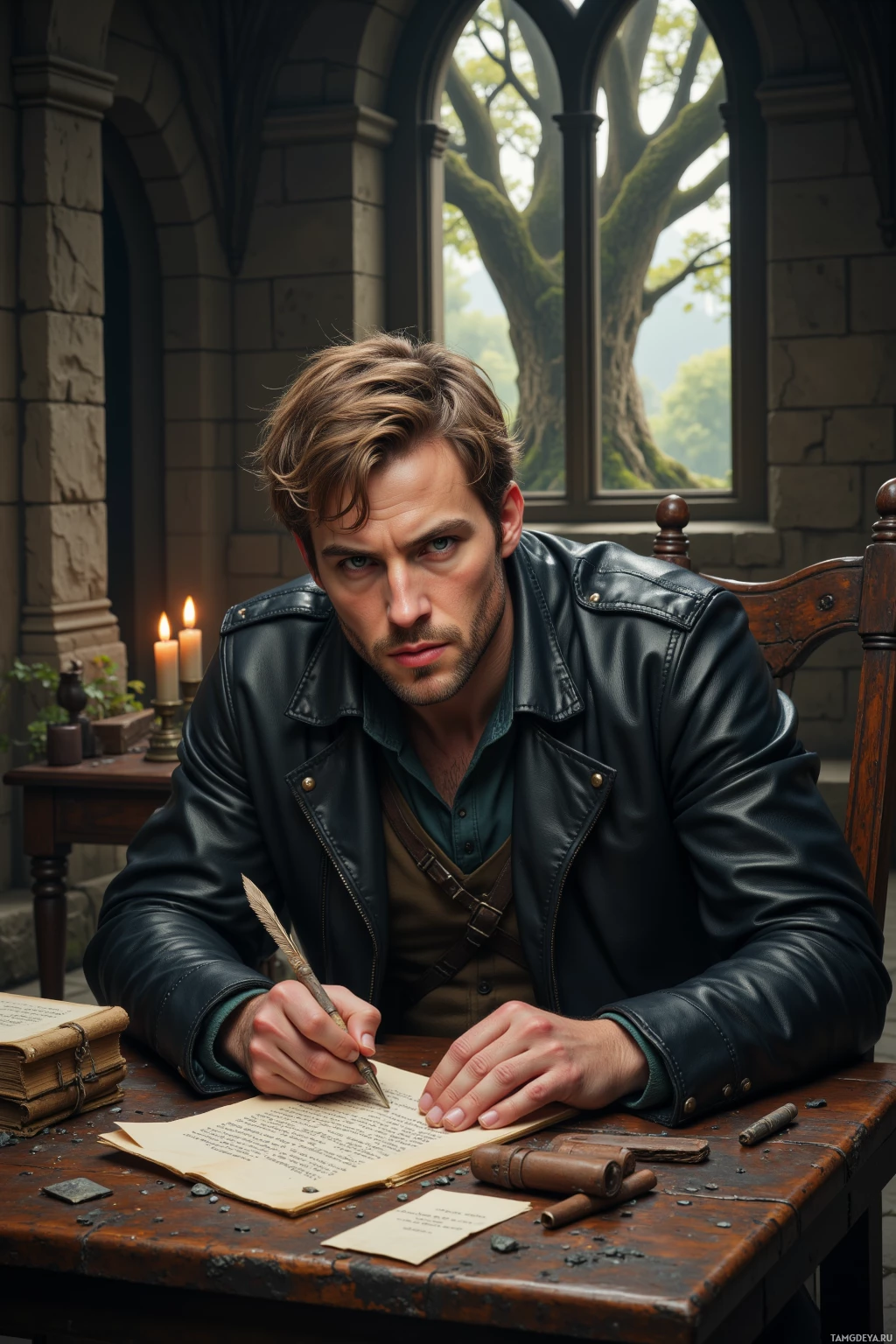 A man in a leather jacket sits at a wooden table, writing with a quill pen on an open book.