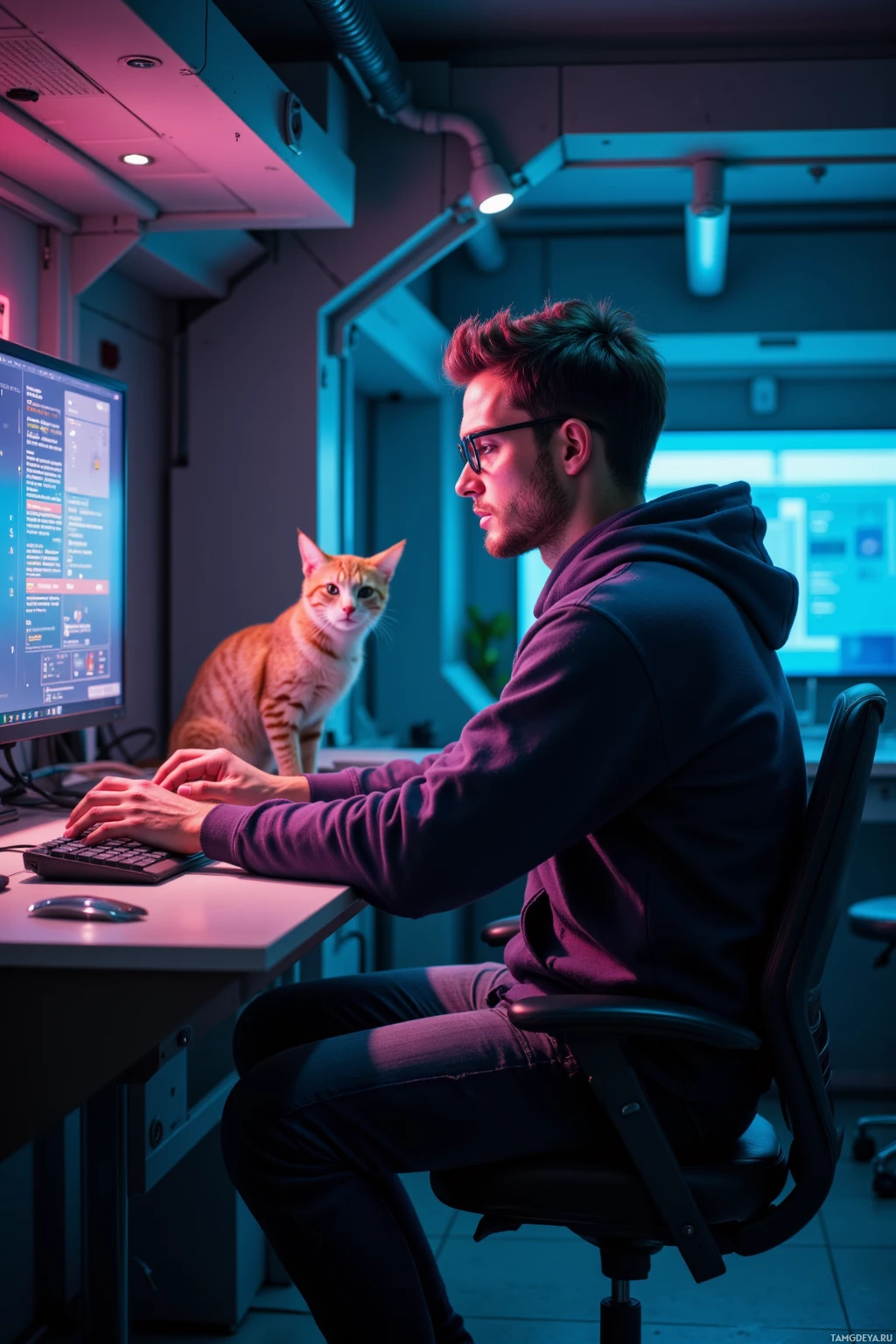 A person wearing glasses works at a computer desk with a cat sitting on the desk.