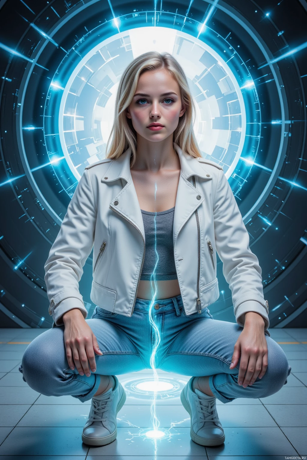 A person in a white jacket and jeans crouches in a futuristic setting with glowing blue lights.