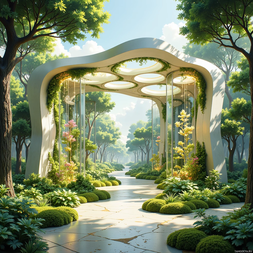 A modern, curved structure with glass panels and greenery integrated into its design, set in a lush forest environment.