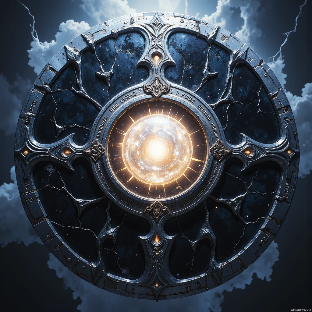 A circular, ornate object with a glowing center and intricate designs against a cloudy sky.