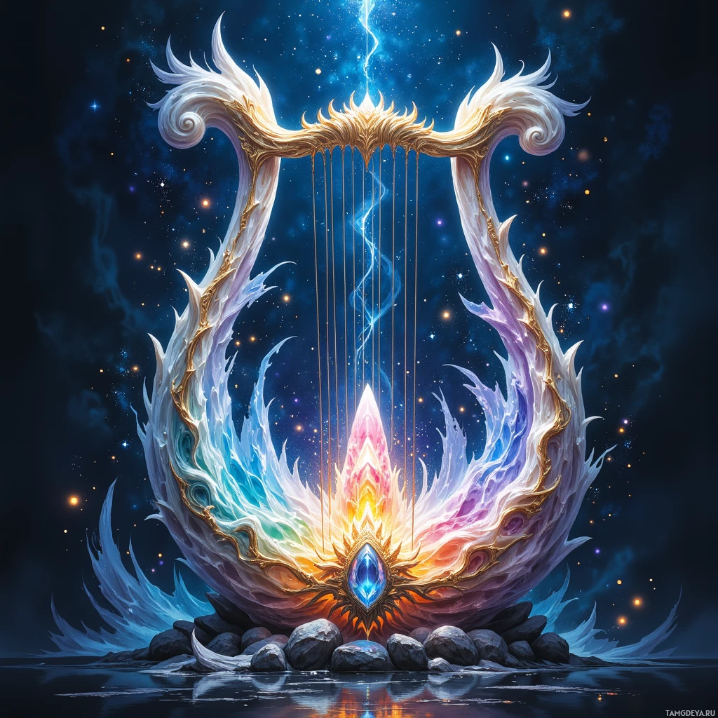 A mystical harp with glowing strings and ornate wings rests on rocks against a starry cosmic background.