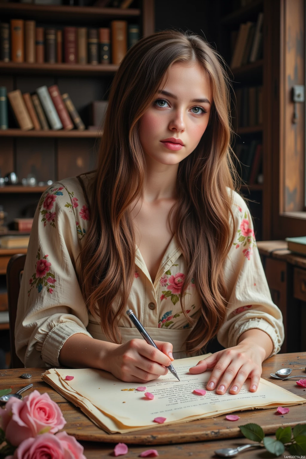 A young woman with long hair sits at a desk, writing in a notebook with a pen.