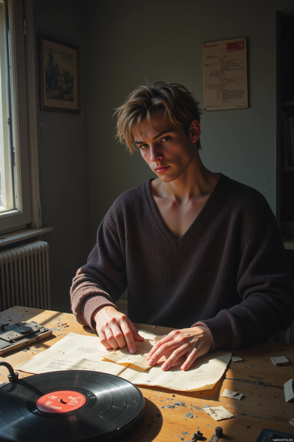 A person in a dark sweater sits at a desk with a vinyl record and papers, bathed in sunlight.