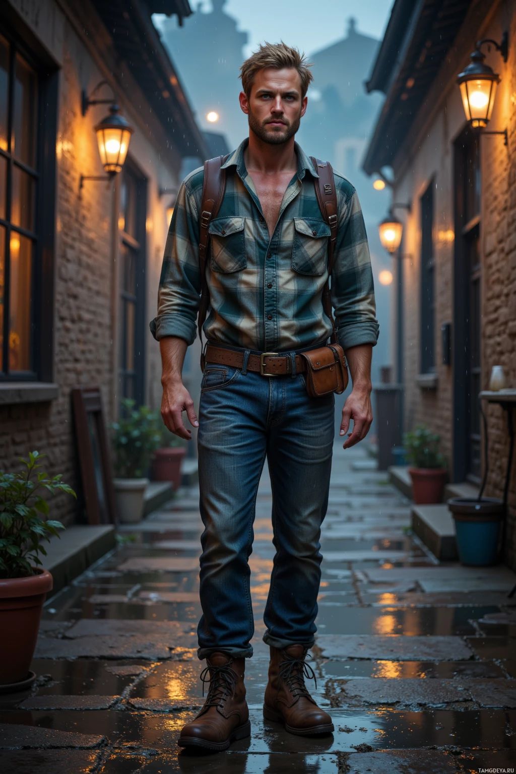 A man stands in a dimly lit alleyway, wearing a plaid shirt, jeans, and boots, with a backpack and a belt pouch.