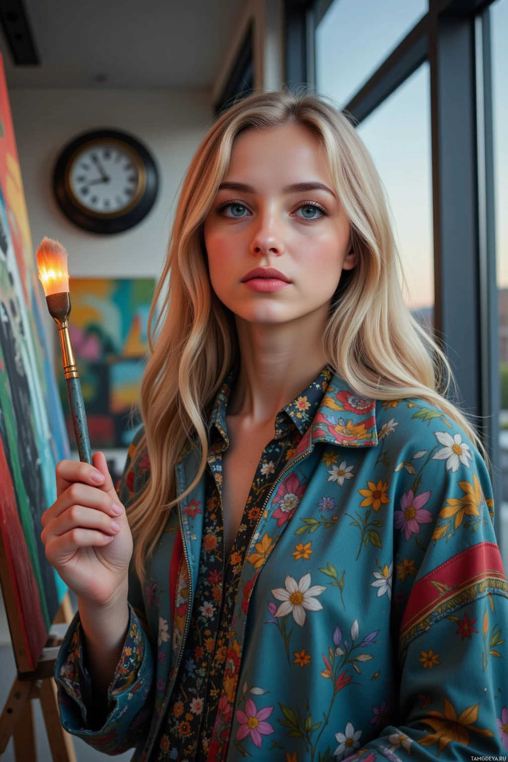 A person with long blonde hair holds a paintbrush, wearing a floral-patterned shirt in a room with a clock and artwork.