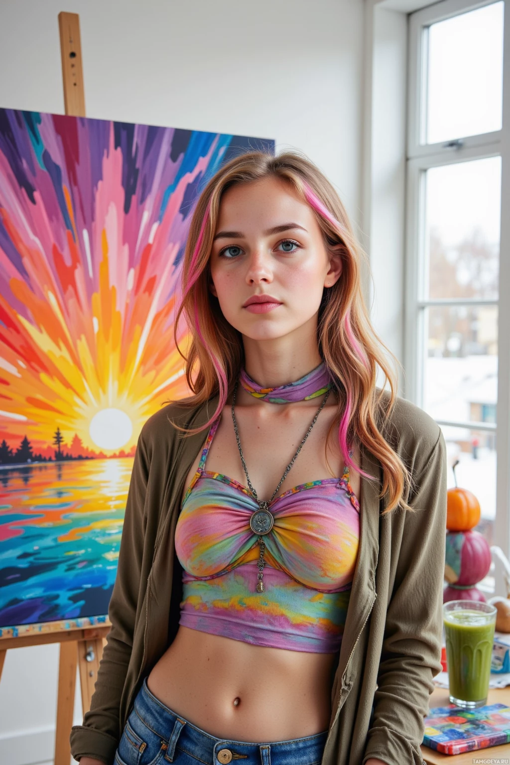 A young woman stands in front of a colorful painting, wearing a tie-dye top and a green cardigan.