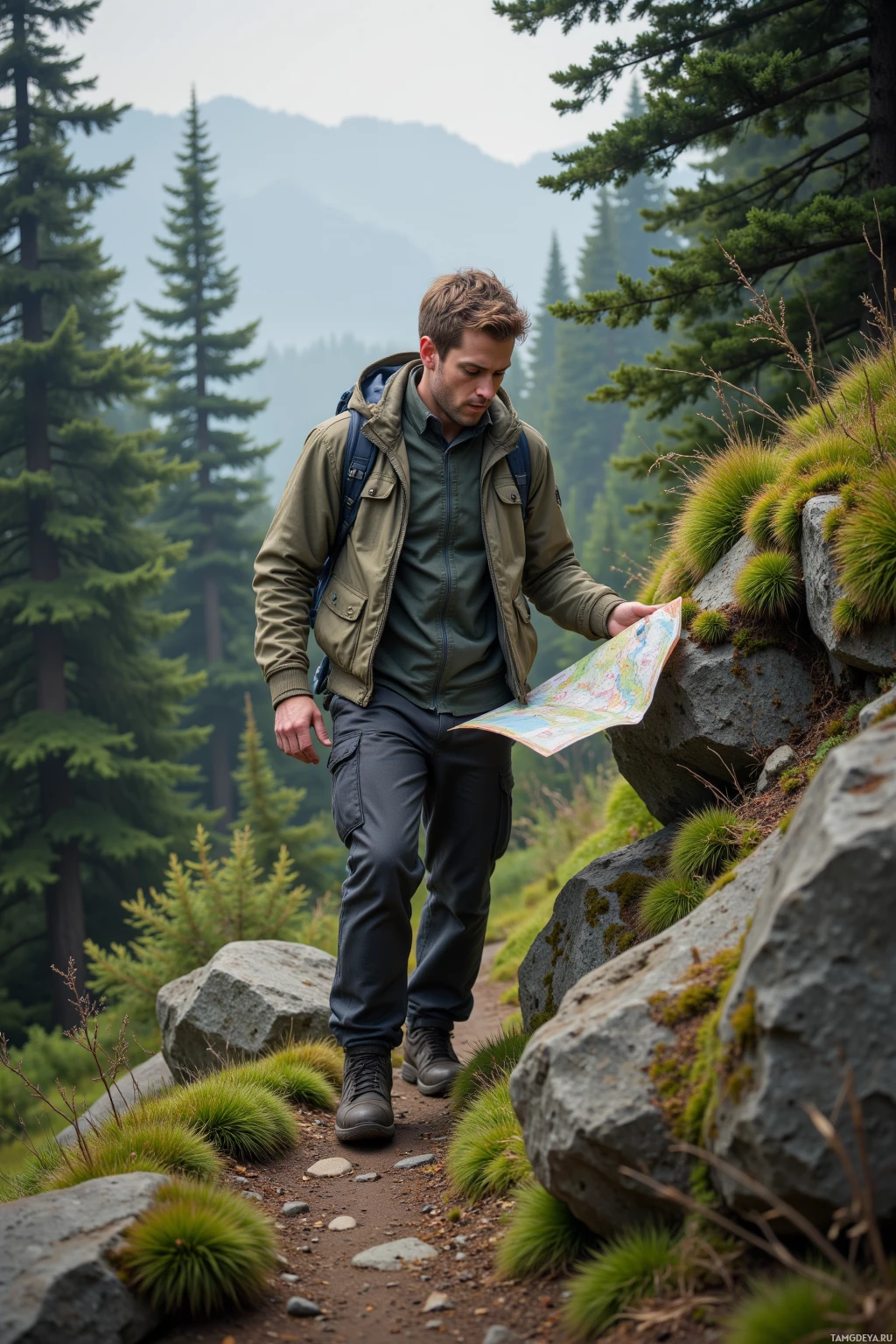 A man in outdoor gear walks along a trail, holding a map.