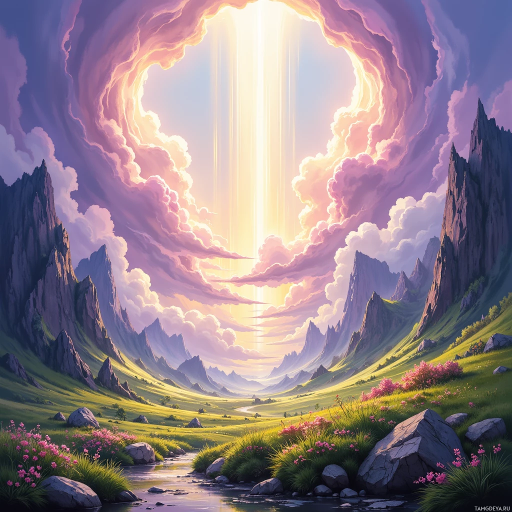 A serene landscape with a glowing portal in the sky, surrounded by majestic mountains and vibrant greenery.