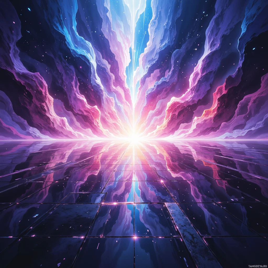 A vibrant cosmic scene with glowing light beams and reflective surfaces.