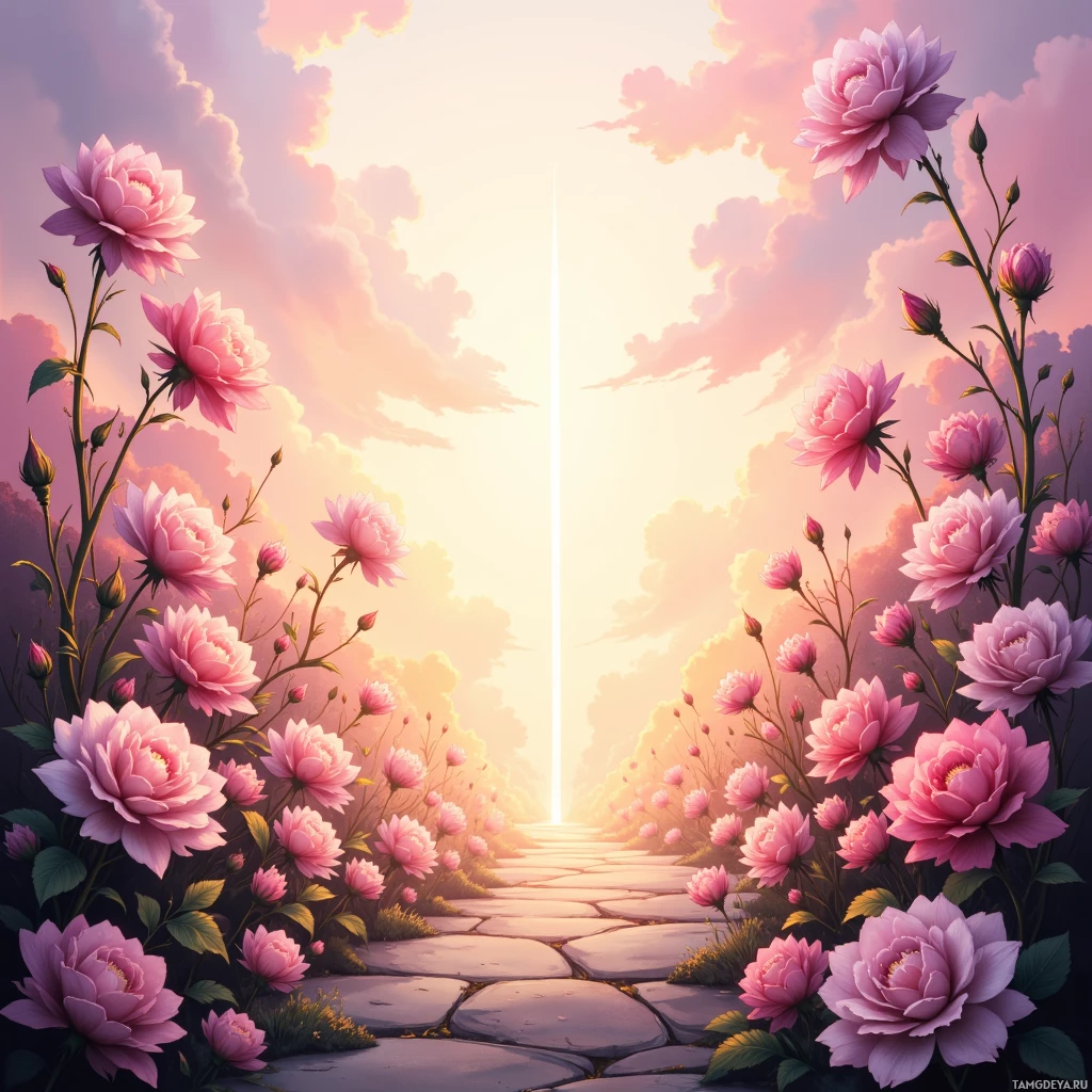 A serene pathway lined with pink roses leads towards a bright, glowing horizon under a soft, pastel sky.