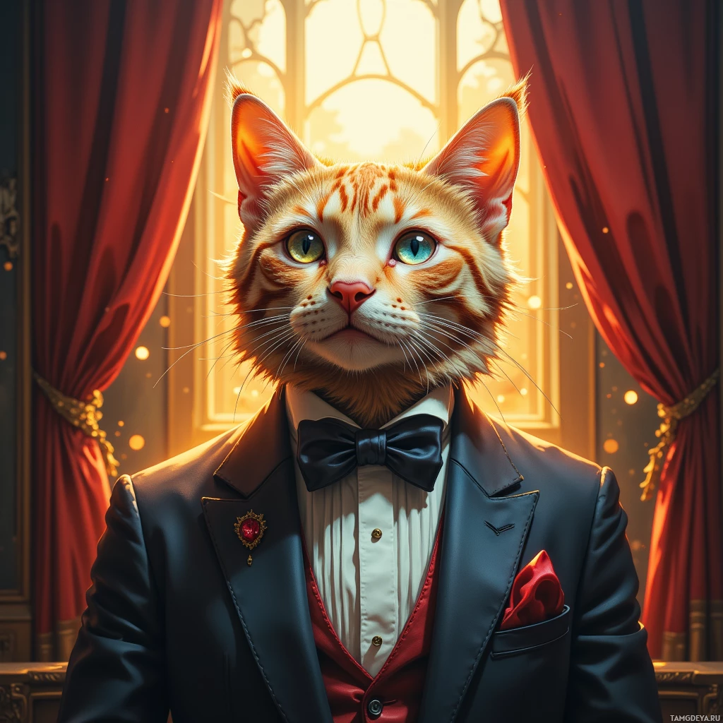 A cat in a formal tuxedo with a bow tie and red pocket square stands in front of a window with red curtains.