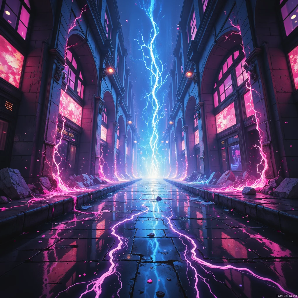 A futuristic alleyway with glowing pink and blue lightning streaks illuminating the scene.