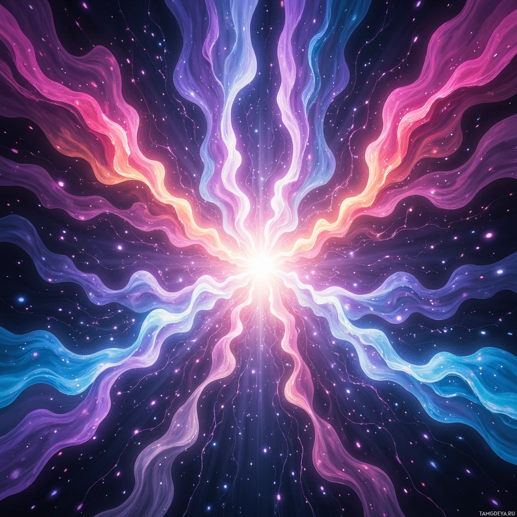 A vibrant cosmic scene with swirling lines and glowing particles radiating outward.