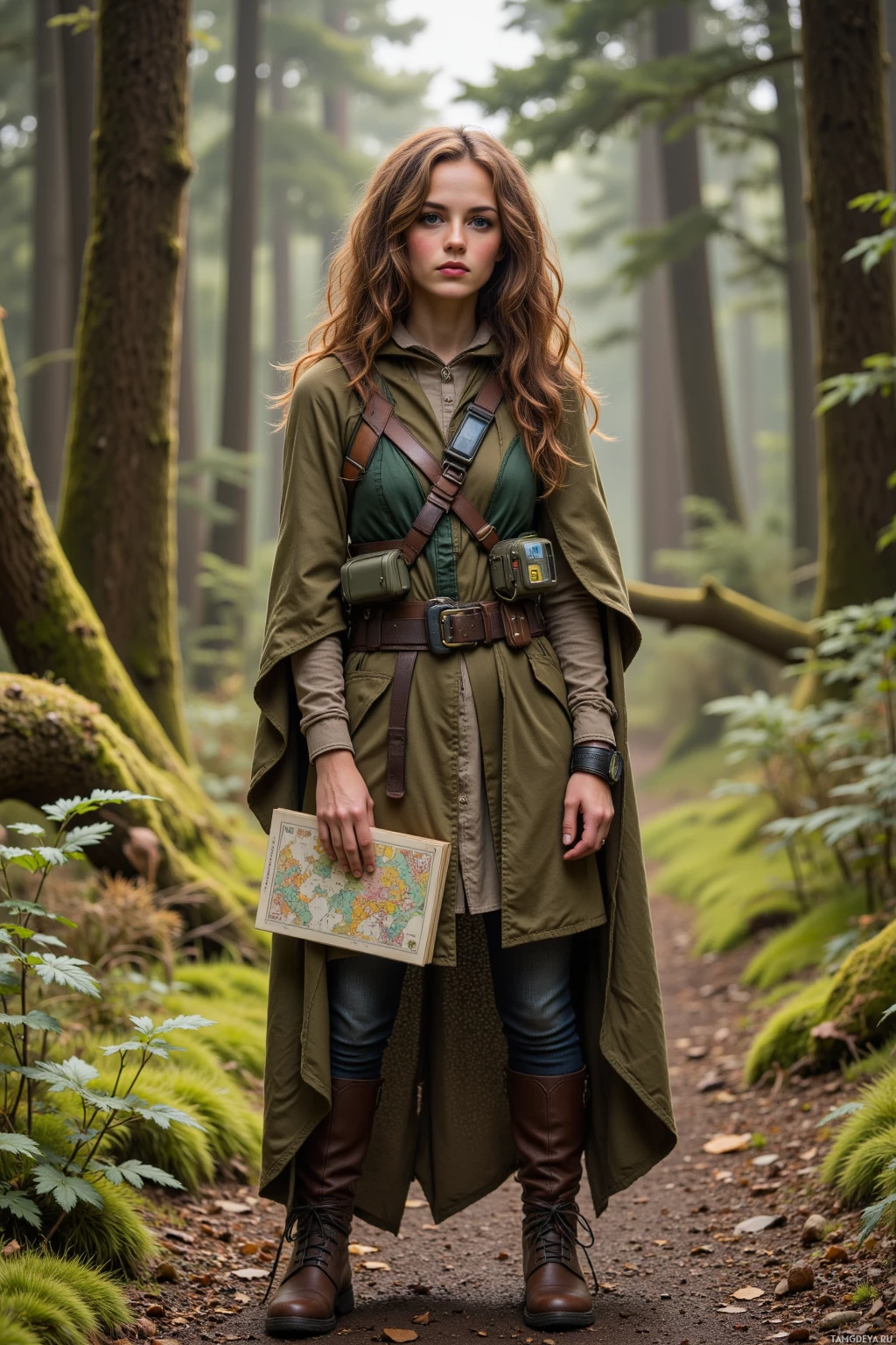 A person in a forest setting, dressed in outdoor gear, holding a map.