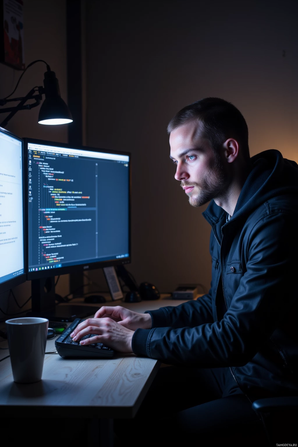A person is working at a desk with two computer monitors displaying code, illuminated by a desk lamp.