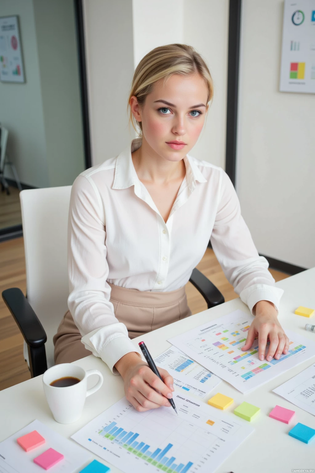 A woman in a professional setting is seated at a desk, working with documents and a pen.