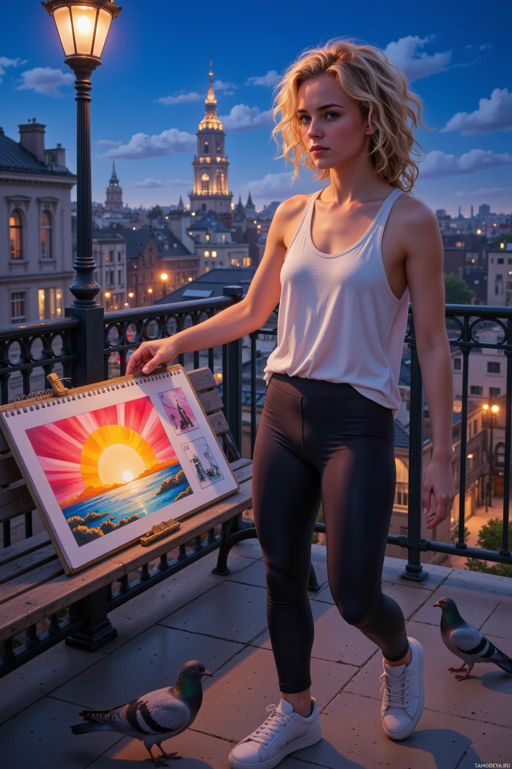A woman stands on a rooftop with a cityscape in the background, holding a painting of a sunset.