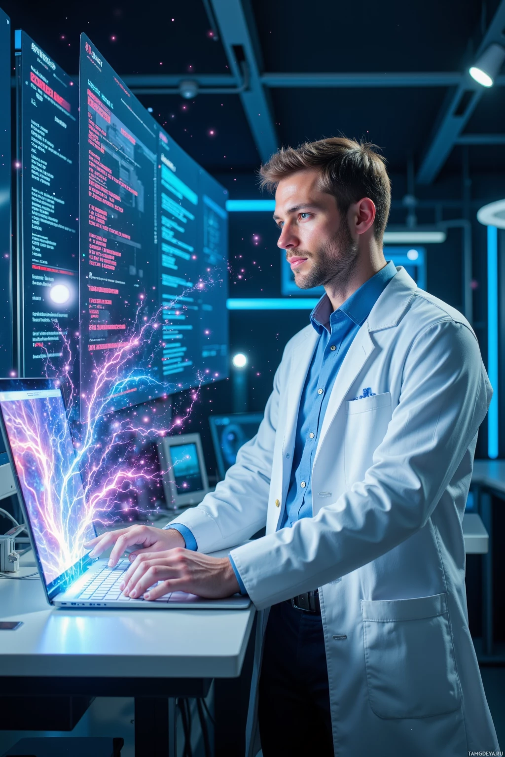 A man in a lab coat works on a laptop with glowing, futuristic graphics in the background.