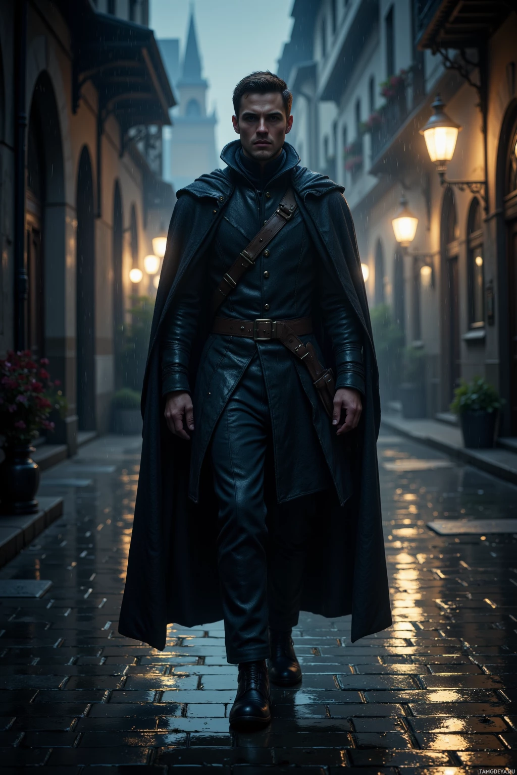 A man in a dark, long coat walks down a wet cobblestone street under rain, with illuminated street lamps and buildings in the background.