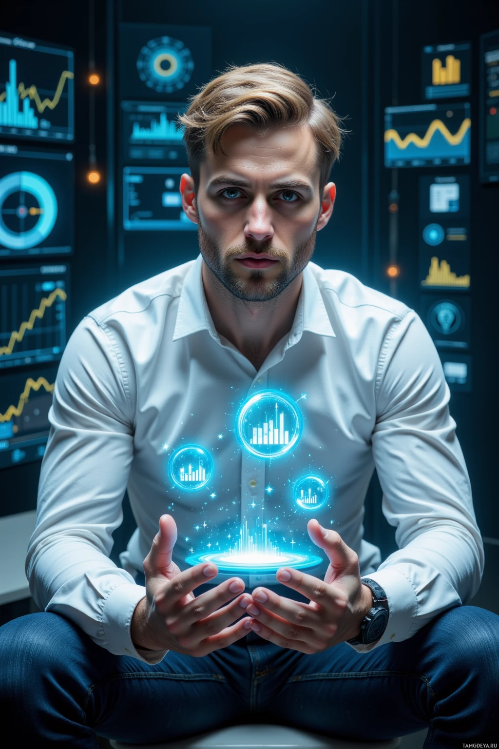 A man in a white shirt sits in a futuristic setting with glowing holographic data displays.