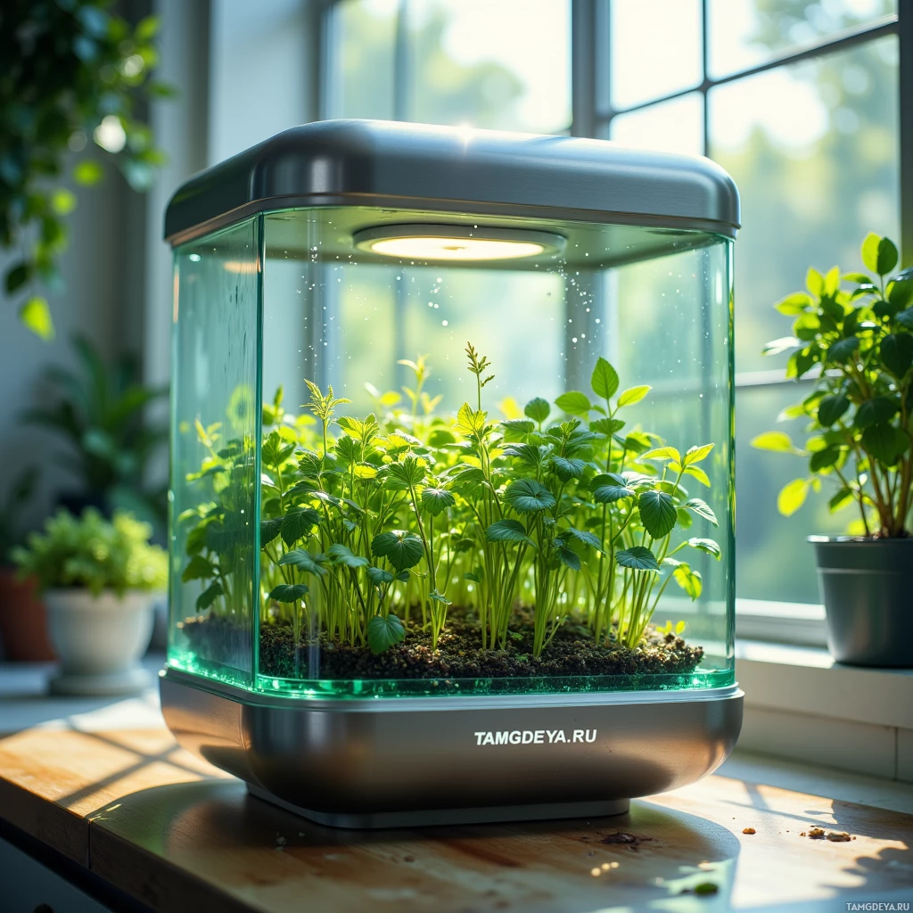 A glass terrarium with green plants sits on a wooden surface near a window.