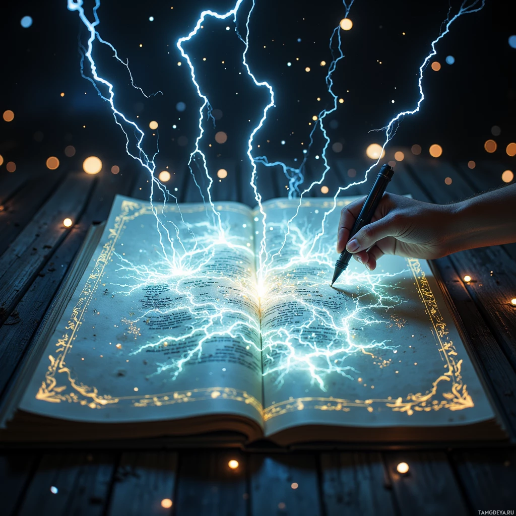 An open book with glowing lightning bolts and a hand holding a pen.