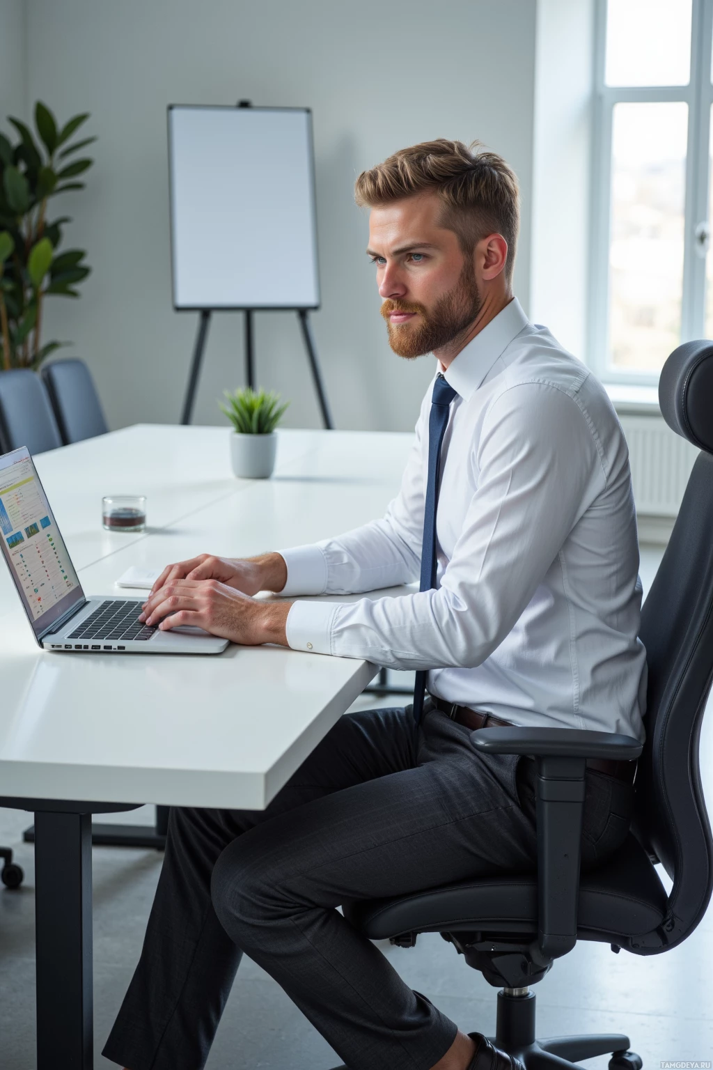 A man in a white shirt and tie is seated at a desk, working on a laptop in a modern office setting.