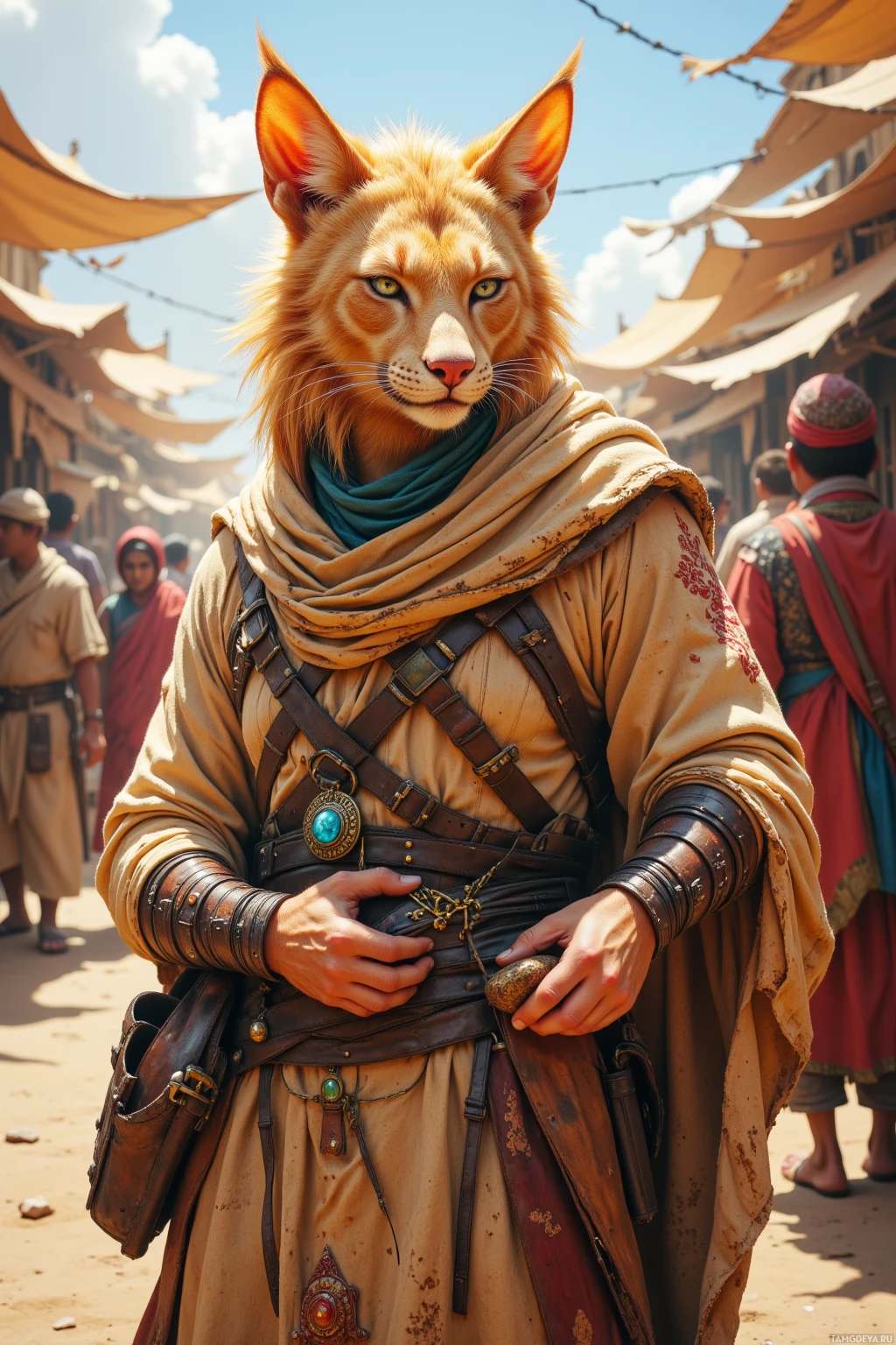 A person in a fantasy-inspired outfit with a cat-like head stands in a bustling market.