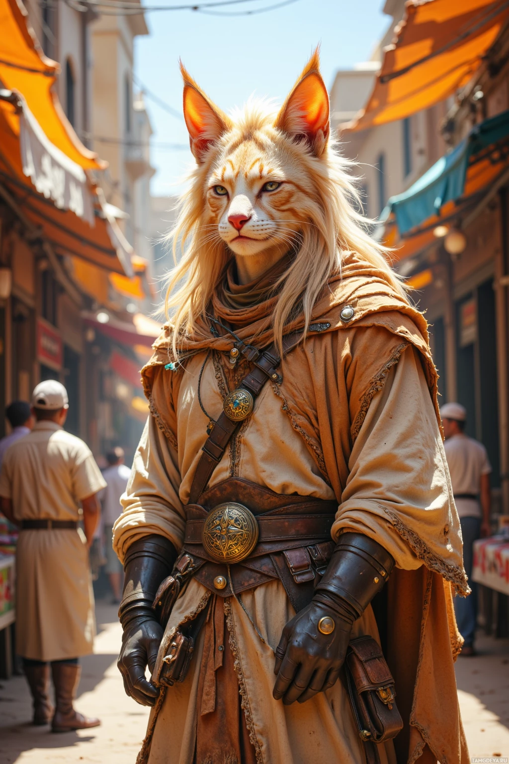 A person in a cat-like costume with long hair and a detailed outfit stands on a street.