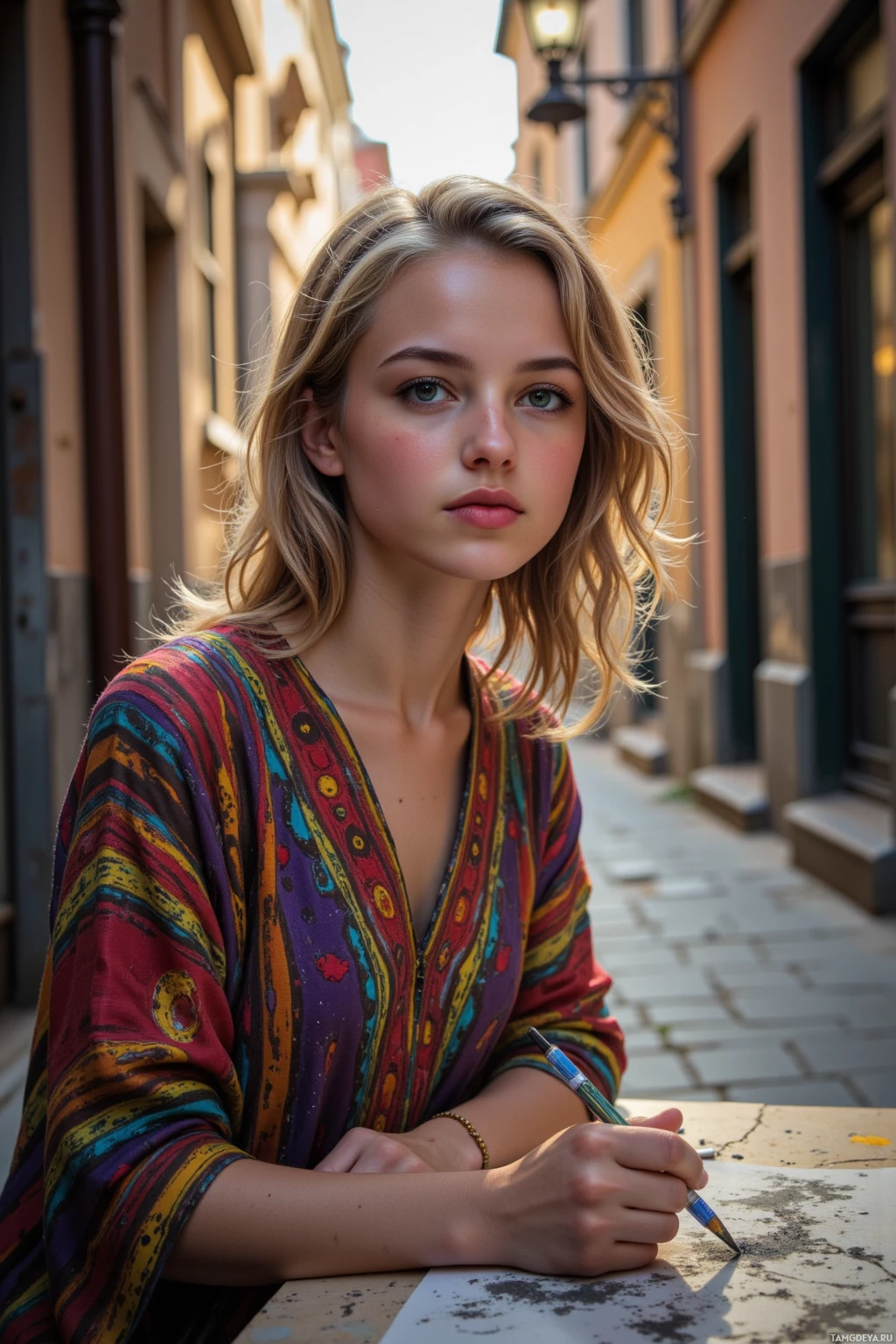 A person wearing a colorful, patterned top is sitting at a table, holding a pencil and drawing on a piece of paper.