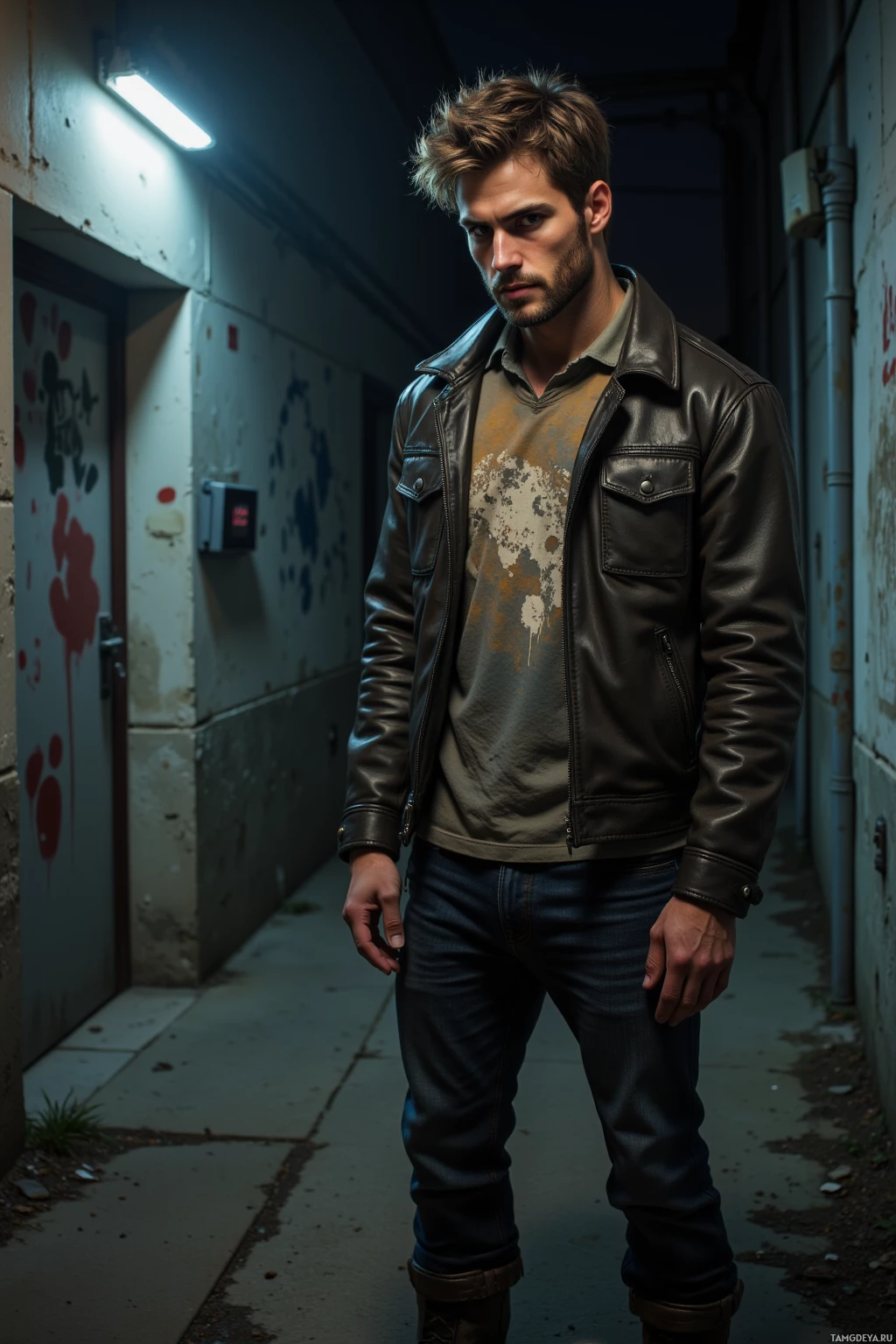 A man stands in a dimly lit alleyway, wearing a leather jacket and jeans.