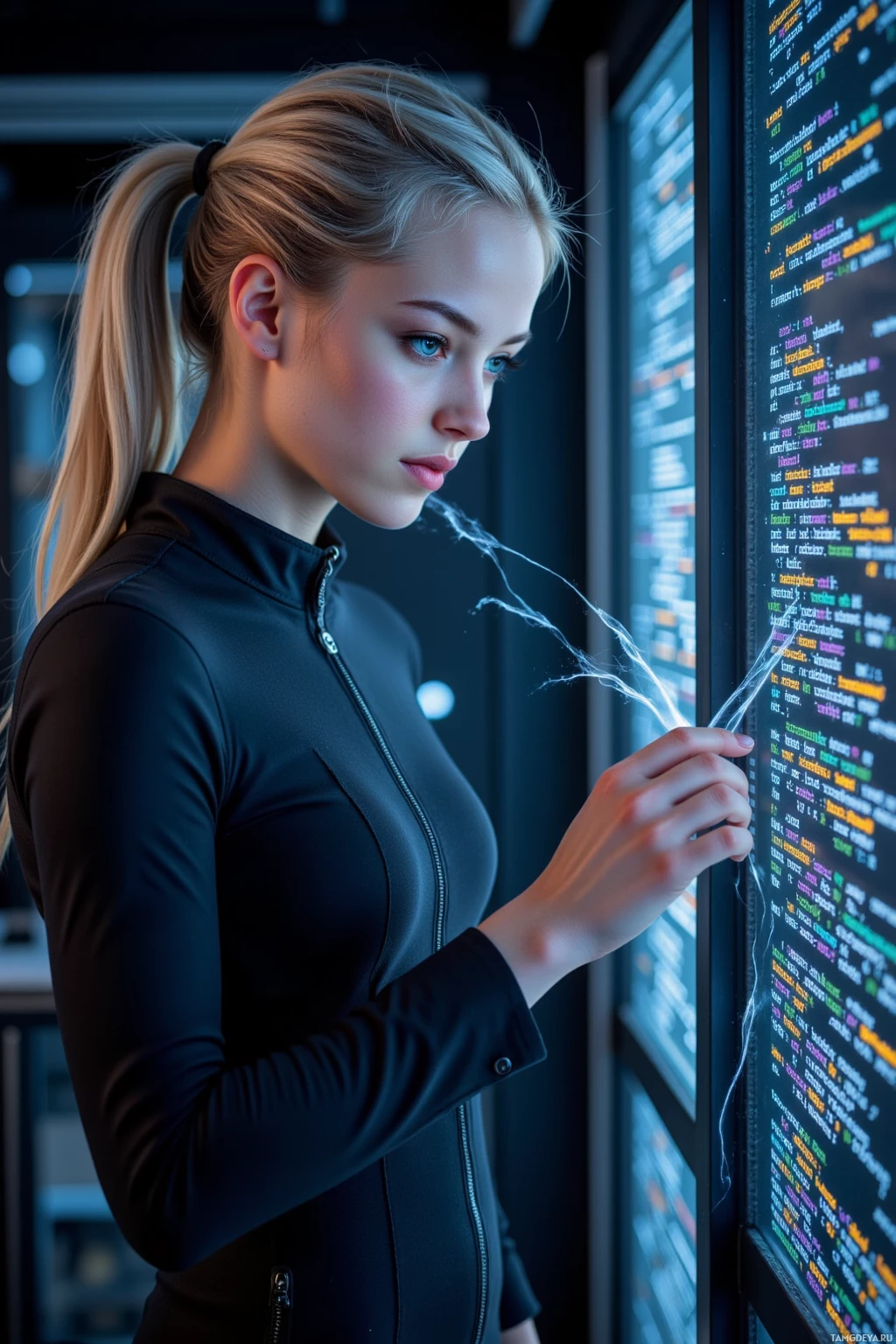 A woman in a black outfit interacts with a large screen displaying code.