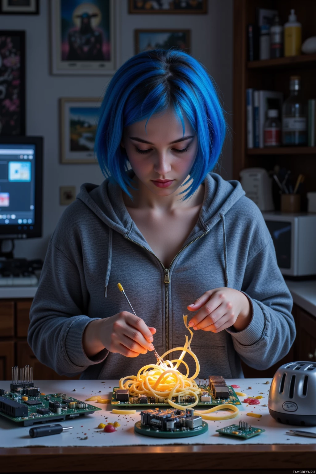 A person with blue hair is working on a circuit board with a screwdriver.