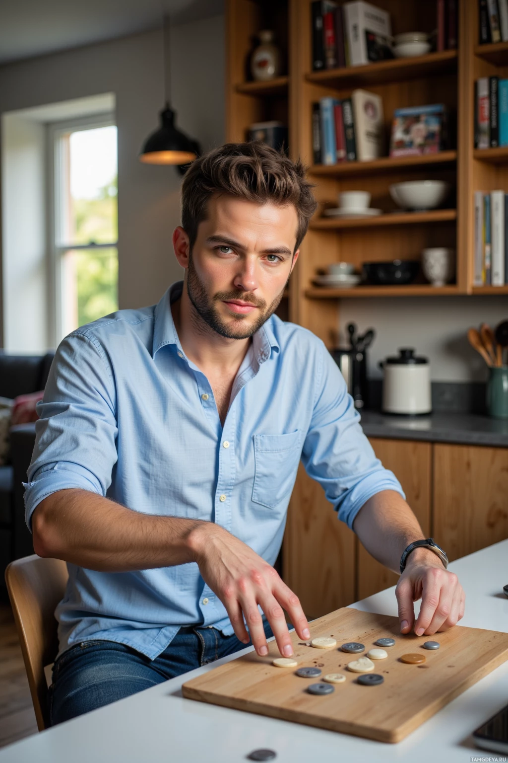 A man in a light blue shirt sits at a table, arranging small objects on a wooden board.