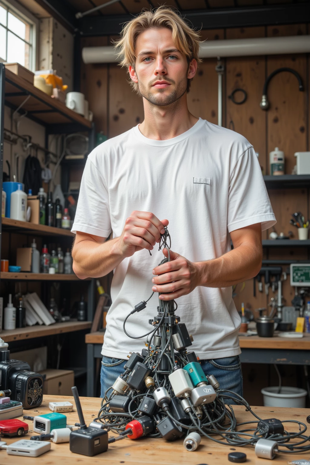 A man in a workshop holds a tangled bundle of cables and electronic components.
