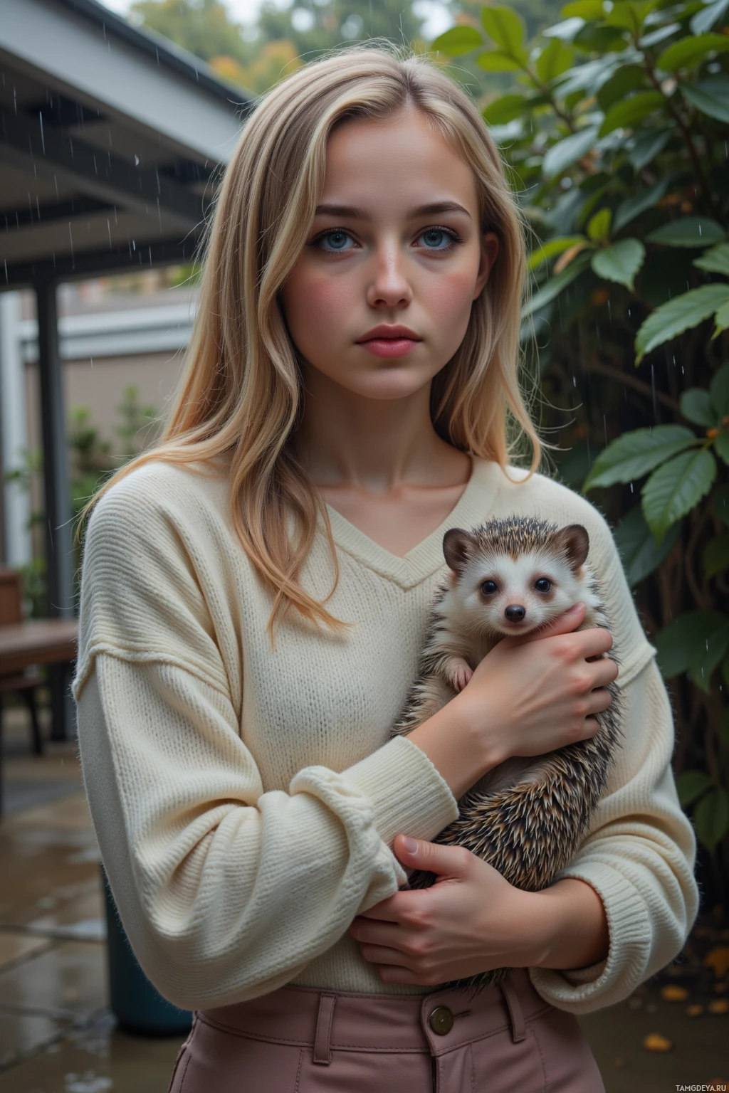 A person holds a hedgehog while standing outdoors in the rain.