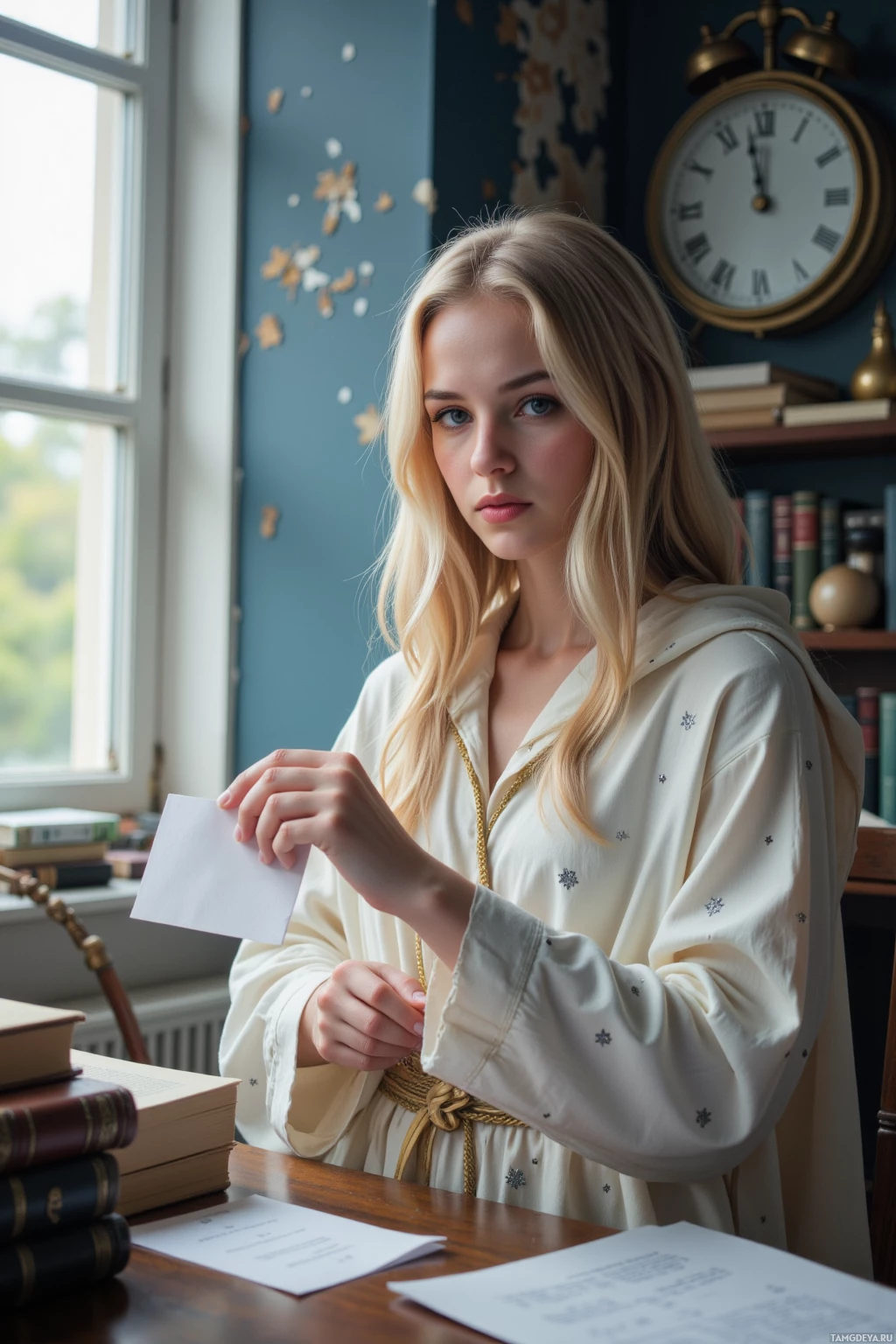 A woman in a cream dress holds a piece of paper, seated at a desk with books and a clock in the background.