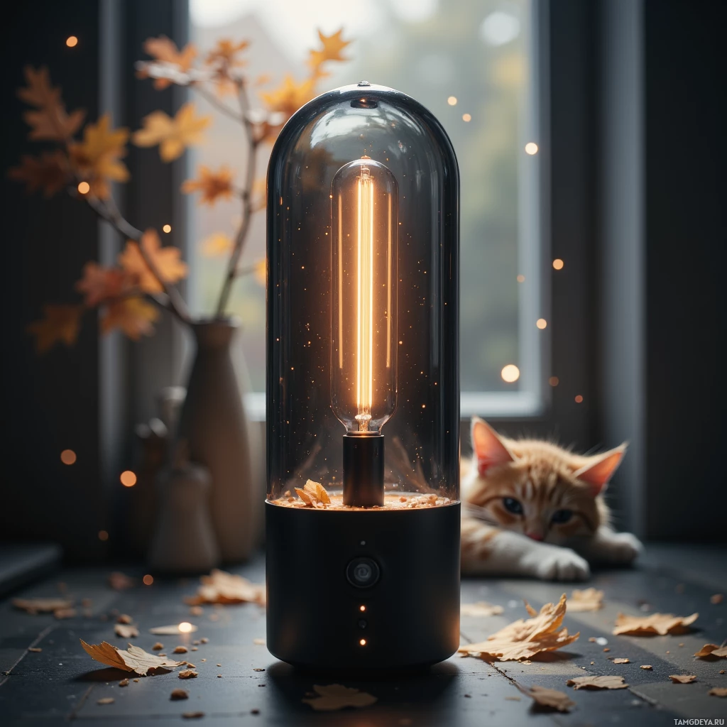 A cozy indoor scene featuring a glowing light bulb, autumn leaves, and a relaxed cat.